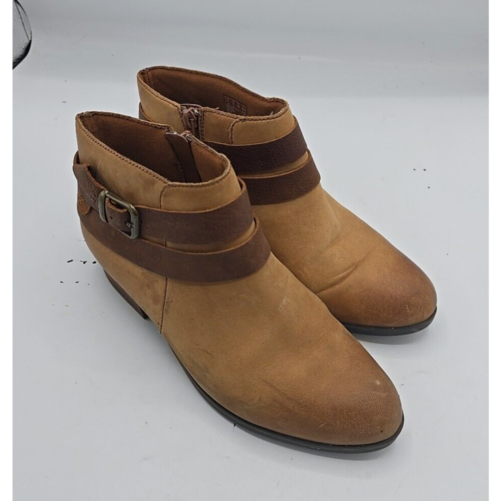 Clarks Addiy Cora Brown Leather Side Zip Strappy Ankle Bootie Womans Size 8W